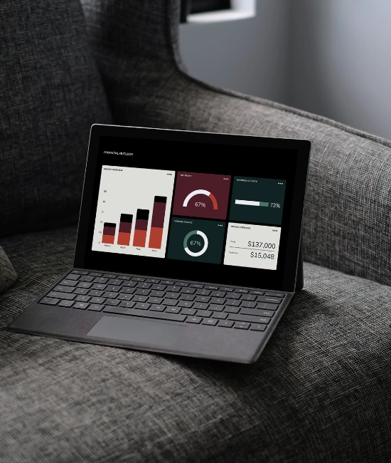 Bærbar datamaskin på en grå sofa som viser et forretningskontrollpanel med ulike diagrammer, målere og økonomiske data.